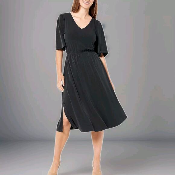 Girl With Curves Knit Midi Dress with Flutter Sleeve Black Tall Medium Pockets - Picture 1 of 12